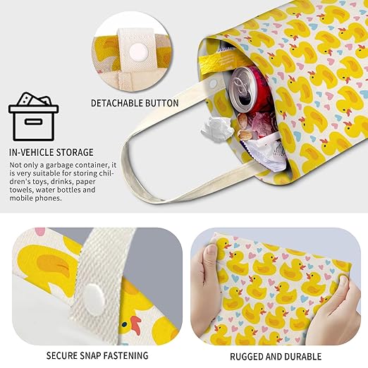 Cute Car Trash Can, Hanging Canvas Car Back Seat Organizer and Storage Bag, Funny Car Trash Bag For Travelling, Outdoor Cute Yellow Duck