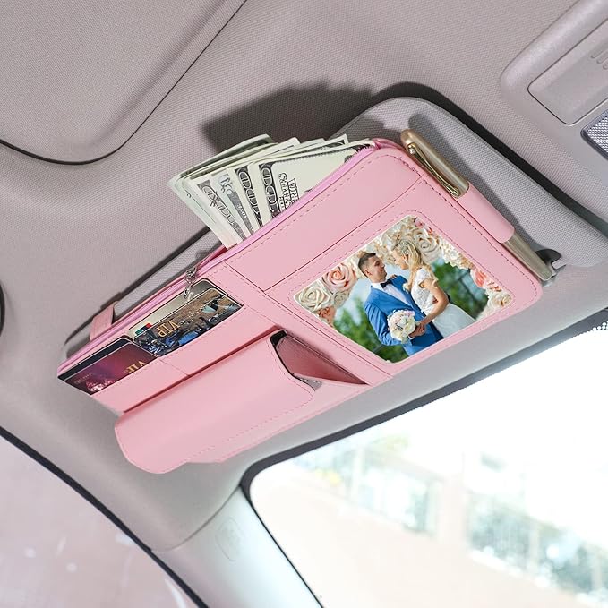 Car Visor Organizer for Auto Interior Accessories - Sunvisor Organizers with Glasses Holder and Picture Frame, Cute Visor Accessories for Women, Car Essentials for Truck You Must Have - Pink