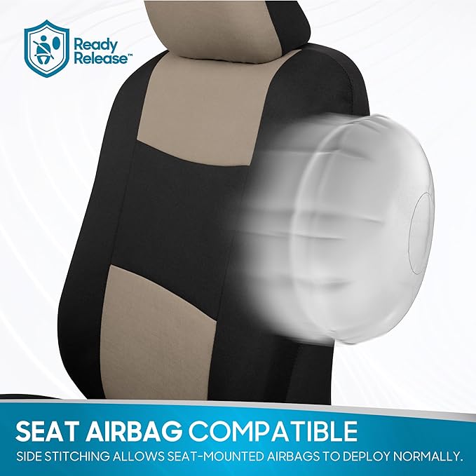 BDK PolyPro Car Seat Covers Full Set in Light Beige on Black, Front and Rear Split Bench Seat Covers for Cars, Easy to Instal
