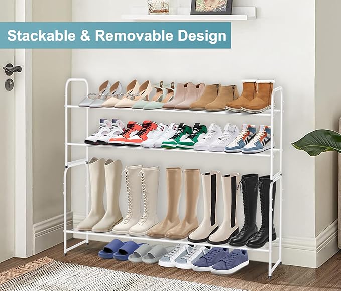 AOODA Long 2 Tier Shoe Rack for Closet Metal Wide Stackable Shoe Storage Organizer for Entryway, Bedroom, Floor, 18-Pairs Low