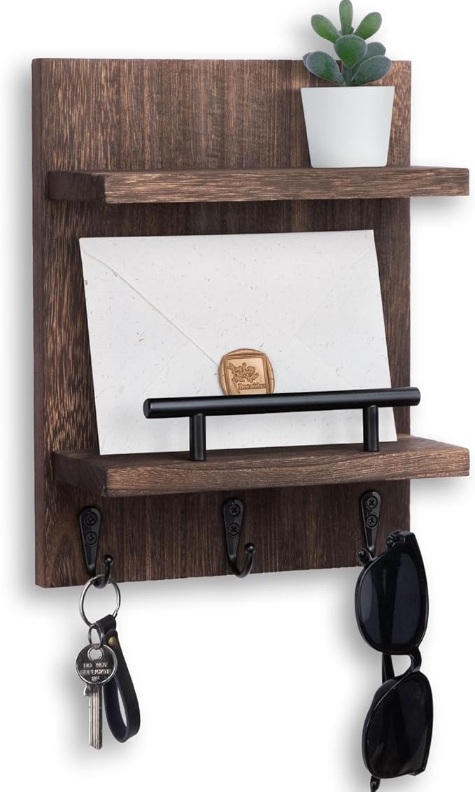 Key Holder Wall Mount, Mail Shelf Decor with 3 Key Hooks, Versatile Wood Wall Organizer for Entryway Hallway (8.2” x 10.6”x 3