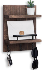 Key Holder Wall Mount, Mail Shelf Decor with 3 Key Hooks, Versatile Wood Wall Organizer for Entryway Hallway (8.2” x 10.6”x 3