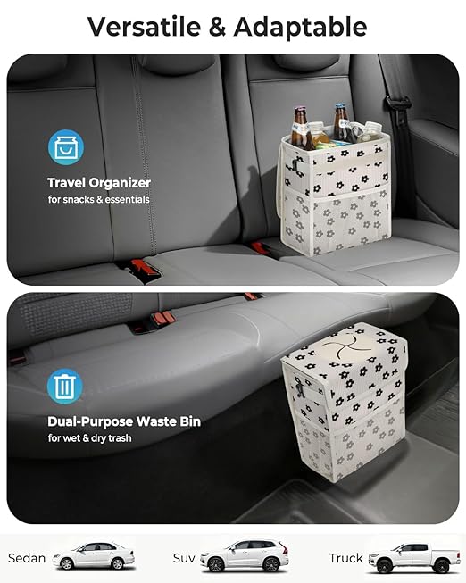 Corduroy Car Trash Can with Lid and Mesh Pockets - Leakproof Organizer,Multipurpose Waterproof Garbage Can/Trash Bin for Car(Off-White Base with Black Floral Print-2 Gallons)