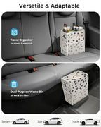 Corduroy Car Trash Can with Lid and Mesh Pockets - Leakproof Organizer,Multipurpose Waterproof Garbage Can/Trash Bin for Car(Off-White Base with Black Floral Print-2 Gallons)