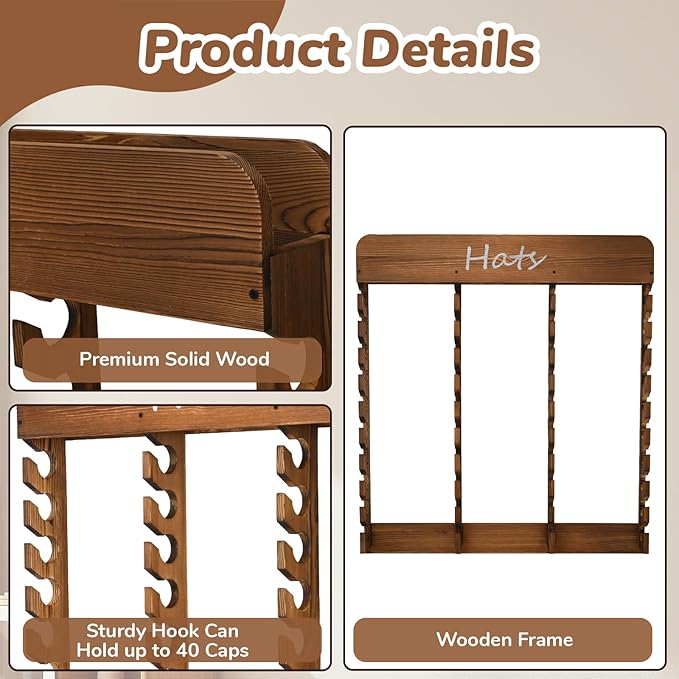 Wooden Hat Racks for Baseball Caps, 40-Slot Wall Mount Baseball Cap Rack, Hat Organizer for Display and Storage, Vertical Cap
