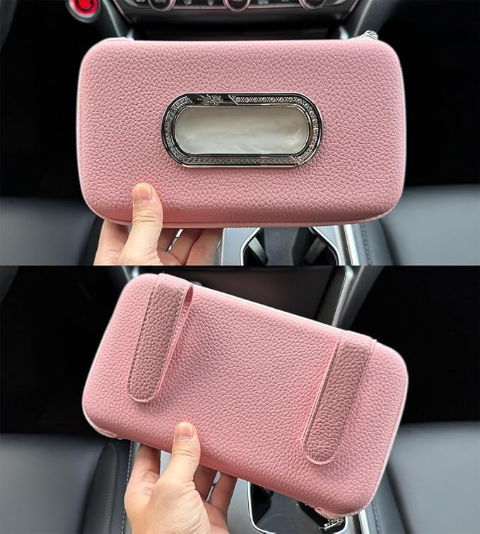 Car Tissue Holder, Sun Visor Napkin Holder, Luxury PU Leather Backseat Tissue Case Holder (Pink)