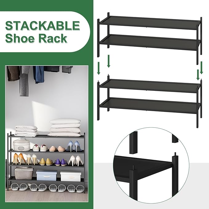 Kiplant Black 2-Tier Long Stackable Bamboo Wood Shoe Rack for Closet, Entryway & Hallway