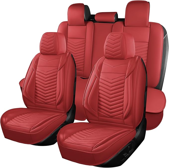 Nappa Leather Car Seat Covers Full Set, Red Car seat Protector 5 Seats, Waterproof Car Seat Cushion, Universal Automotive Sea