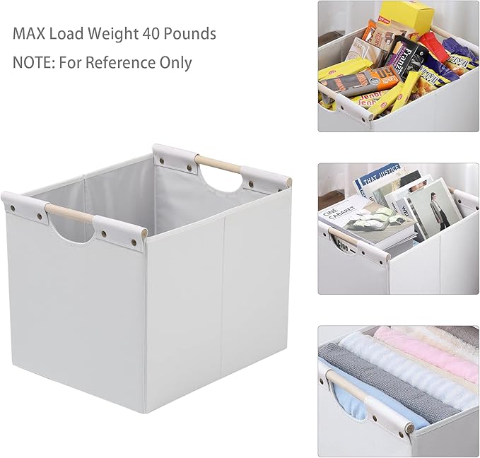 HOONEX Large Collapsible Storage Bins, Linen Fabric, Pack of 2, Storage Baskets with Wooden Carry Handles and Sturdy Heavy Ca