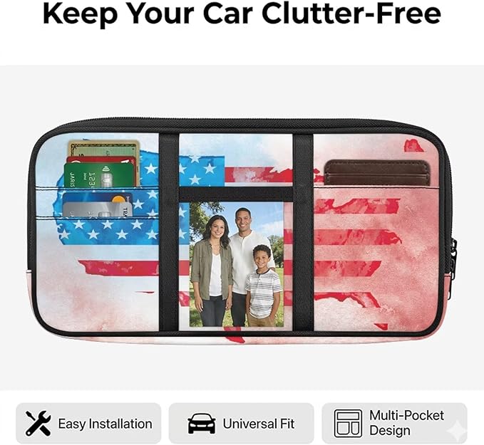 Map of the United States Car Sun Visor Organizer,Card Sleeve Pocket with Double Zippers Adjustable Straps Auto Interior Accessories for SUV Truck Pickup