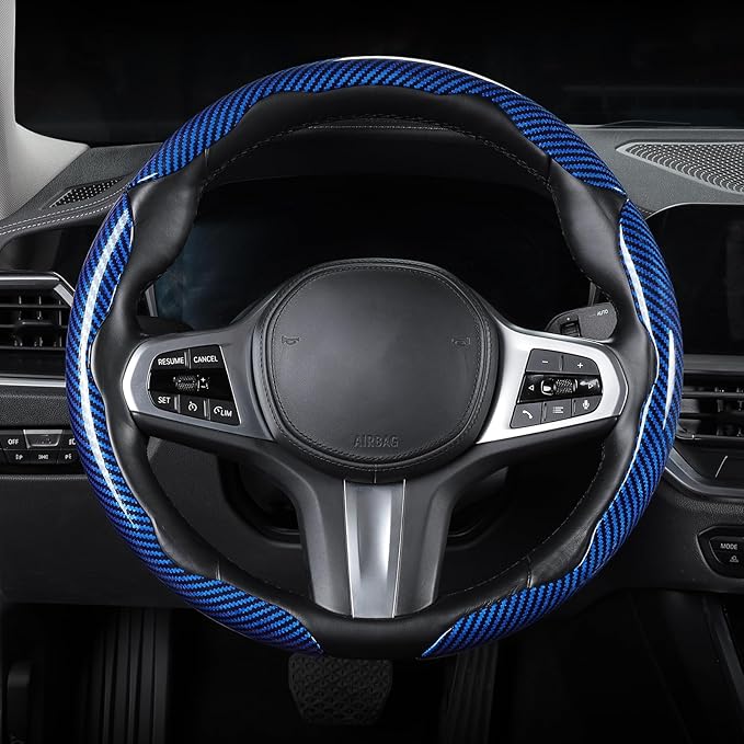 Carbon Fiber Steering Wheel Cover, Snap on Car Steering Wheel Cover Set Accessories 3pcs Wrap Grip Non Slip Protector Universal Glossy Blue