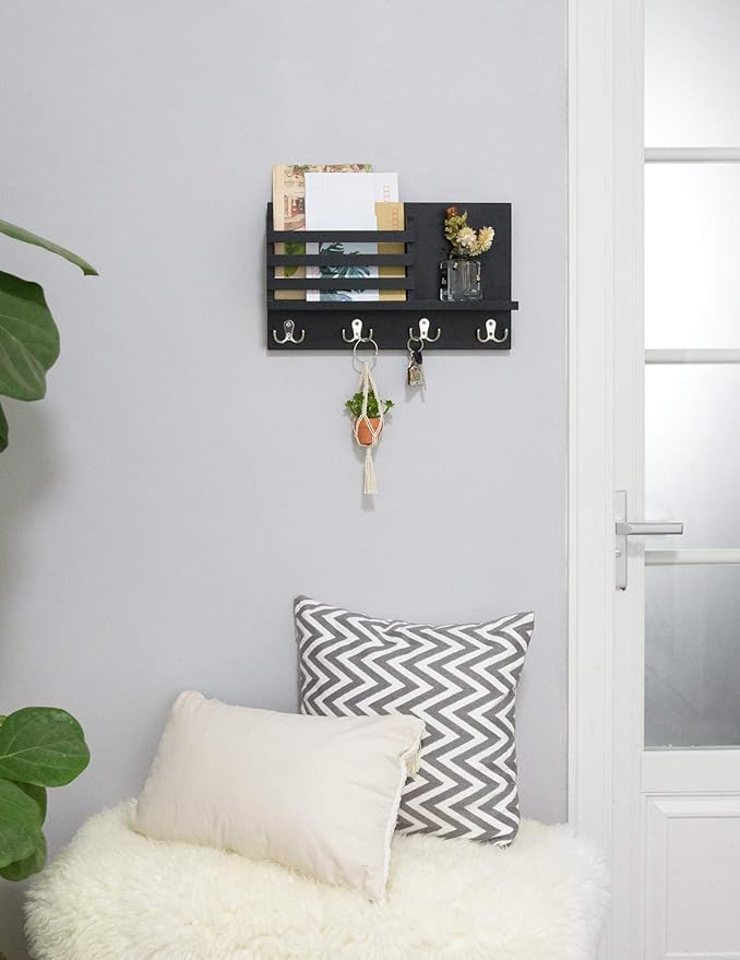 Dahey Wall Mounted Mail Holder Wooden Key Holder Rack Mail Sorter Organizer with 4 Double Key Hooks and A Floating Shelf Rust