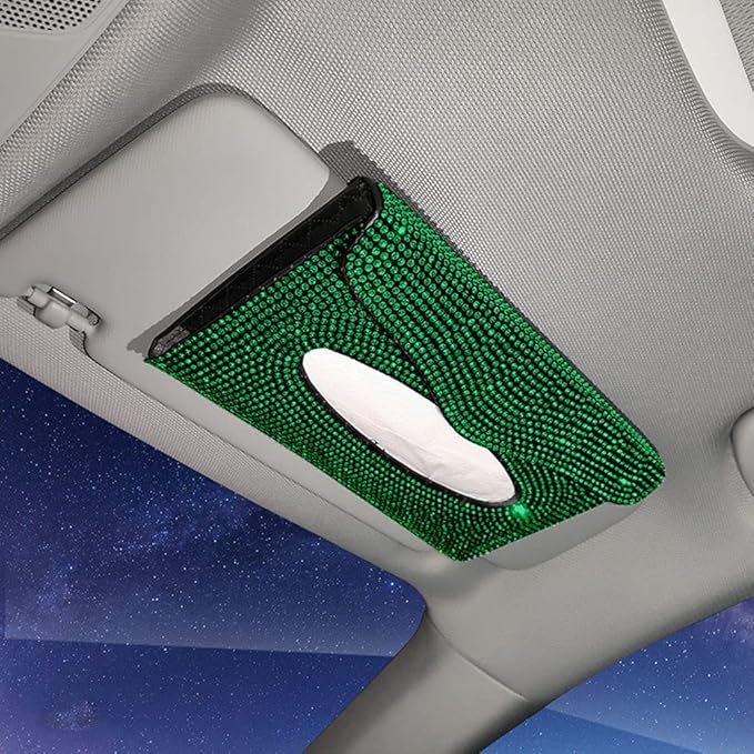 Bling Car Sun Visor Tissue Box Holder Pure Hand-Made Sparkling Crystal Auto Napkin Holder PU Leather Backseat Tissue Case for Women (Green)