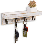 MyGift 10 Inch Floating Wall Shelf with Hooks, Whitewashed Wood Entryway Storage Shelf with 4 Metal Key Hooks