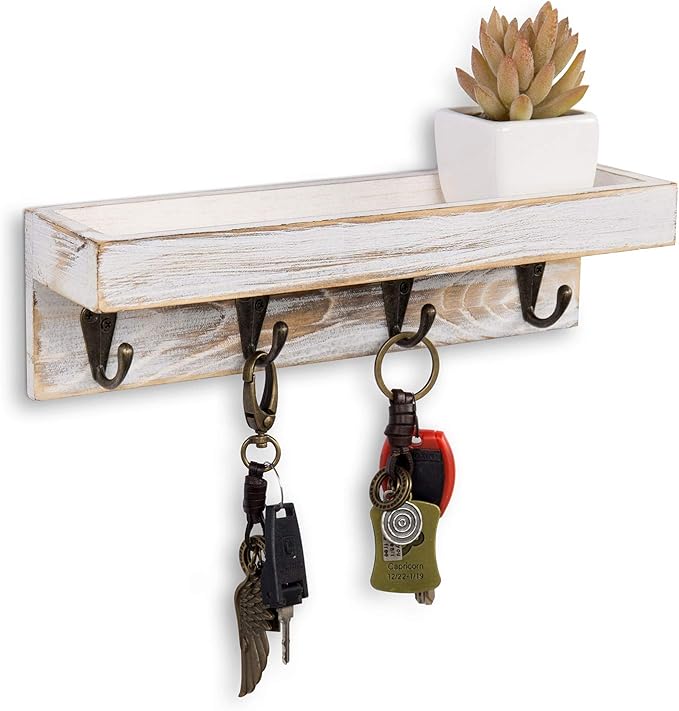 MyGift 10 Inch Floating Wall Shelf with Hooks, Whitewashed Wood Entryway Storage Shelf with 4 Metal Key Hooks