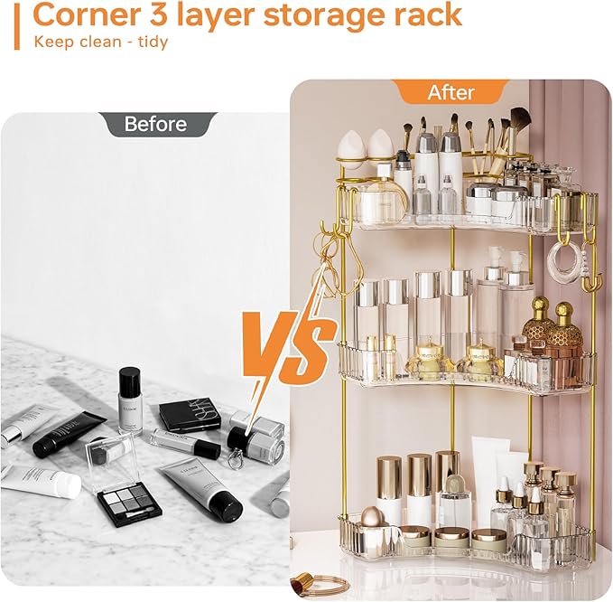 3-Tier Corner Bathroom Counter Organizer，Makeup & Skincare Shelf with Built-in Brush Holder，Space-Saving Bathroom Countertop 