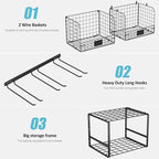 ThreeHio Garage Shelf Wall Mounted with Wire baskets, Heavy Duty Garage Wall Shelving with Garden Tool Rack and Hooks, Wire S