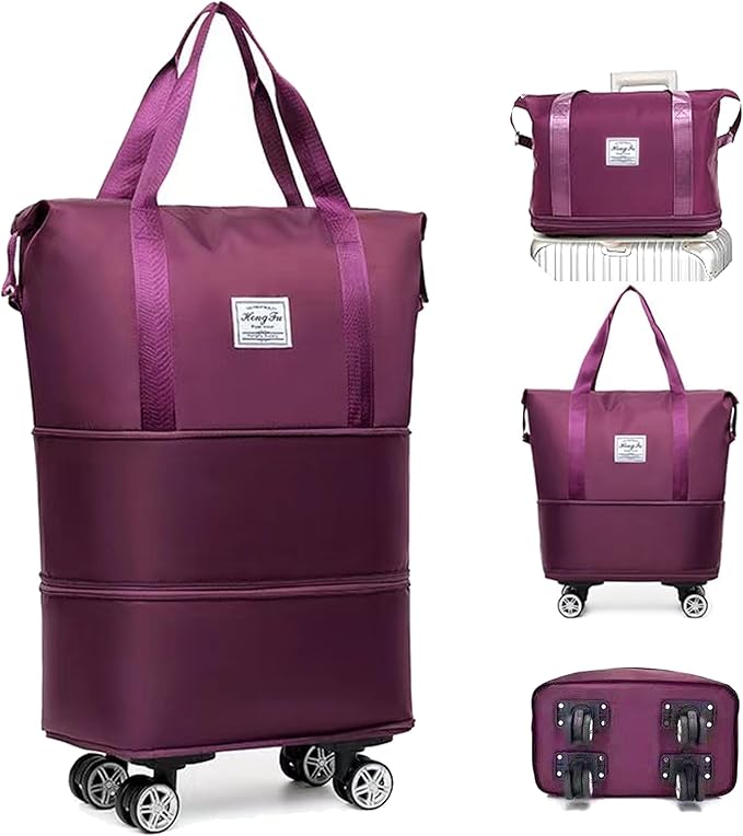 Expandable Foldable Duffel Bag with Detachable Rolling Wheels, Large Carry-On Luggage for Travel, Gym, Camping, Shopping, Business Trip (Purple)