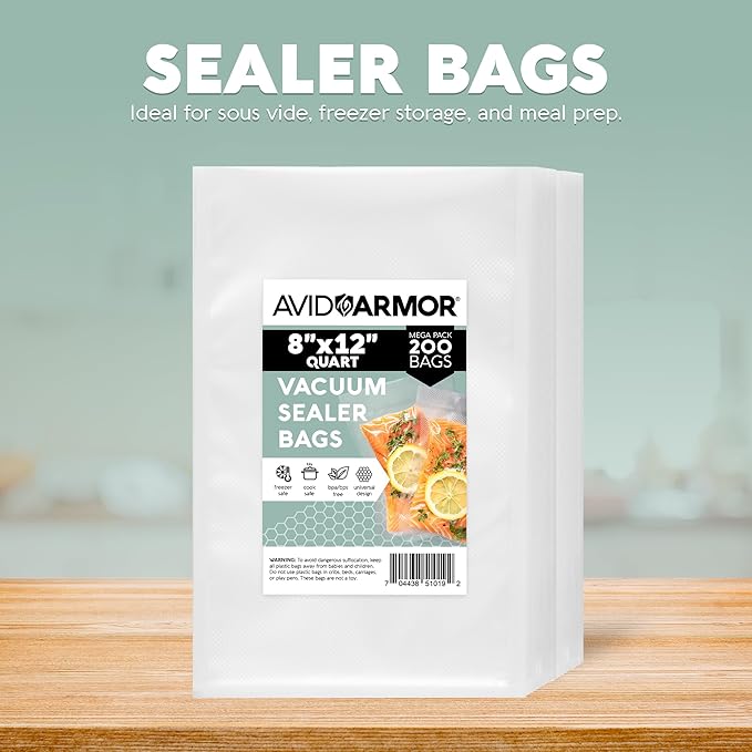 Avid Armor Vacuum Sealer Bags 200 Quart 8x12" For Food Saver, Commercial Grade, BPA Free, Heavy Duty, Pre-cut, for Vac Storag