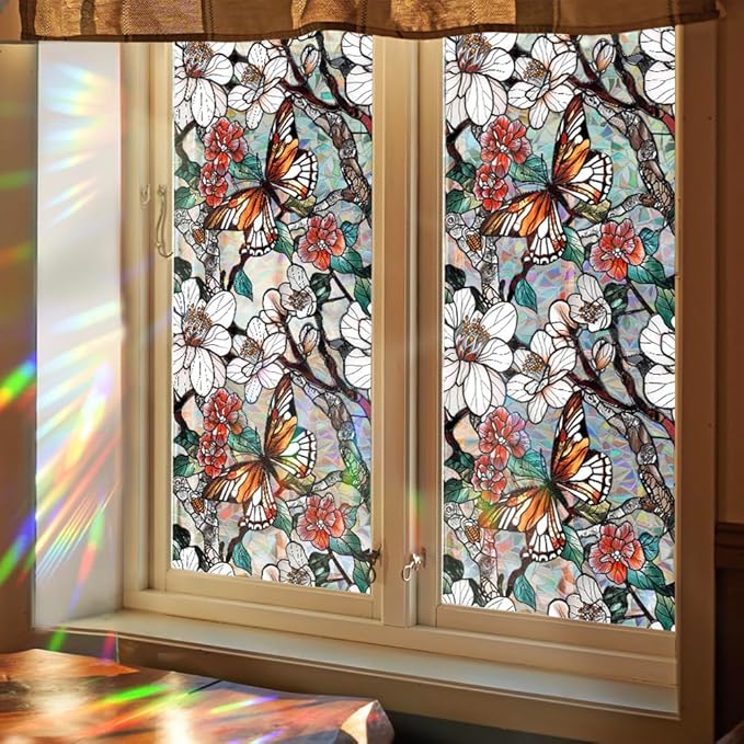 Retro Flower Window Privacy Film,Stained Glass Decals Floral Butterfly Privacy Rainbow Decals Living Room Sun Blocking Decor Removable Static Cling Stickers,16.93x39.37inch