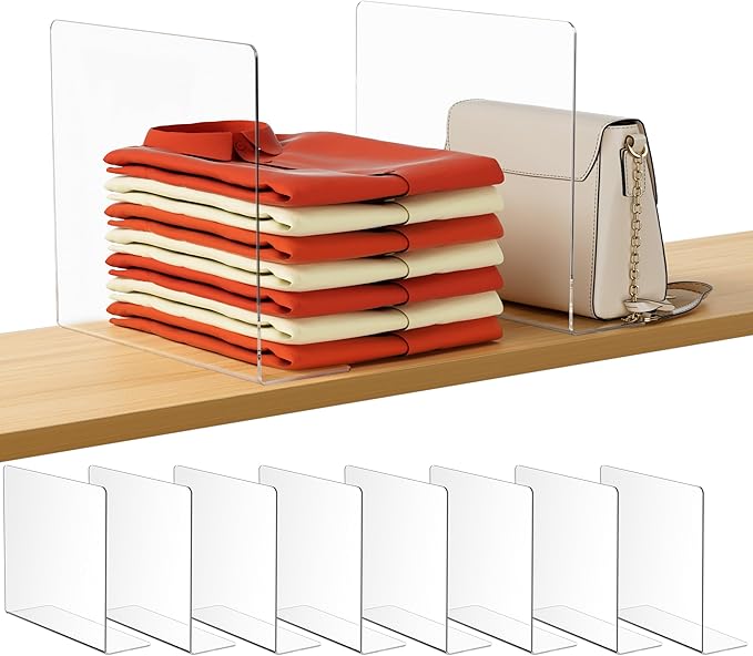 HBlife Acrylic Shelf Dividers for Closet Organization, 8 Pack Clear Sturdy Separate Closet Dividers for Shelves, Adjustable P