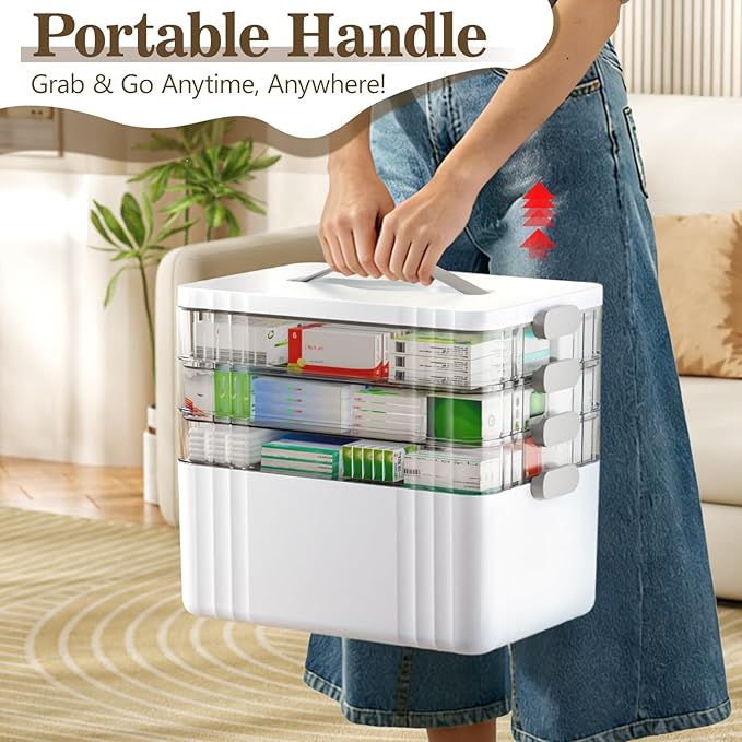 ARSTPEOE 4-Tier Medicine Organizer - Portable Medicine Cabinet with Plastic Handle, Multipurpose Medical Box, Empty First Aid