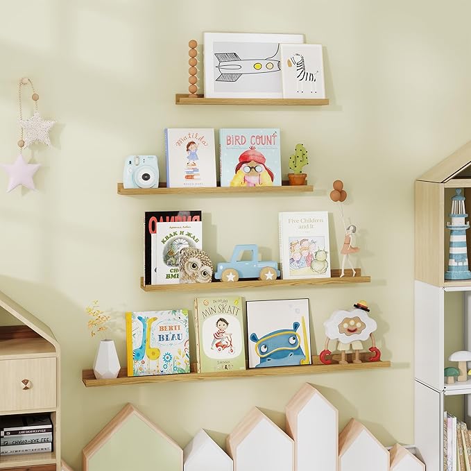 Fun Memories Picture Ledge Shelf - 24 Inches Floating Shelves Set of 4 - Floating Shelves with Lip for Storage - Wood Bookshe