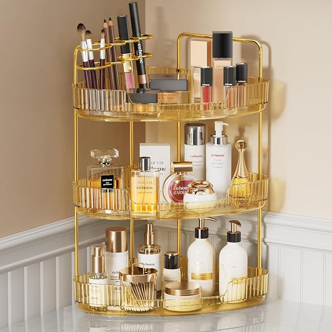 EUHOME 3-Tier Corner Bathroom Counter Organizer Makeup Cosmetic Storage, Tool-Free Installation Acrylic Vanity Shelf, Counter