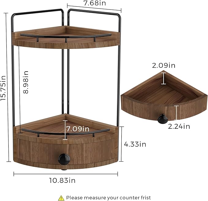 2-Tier Corner Bathroom Counter Organizer with Drawer & Embedded Screw Holes - Wooden Countertop Organizers for Skincare, Make