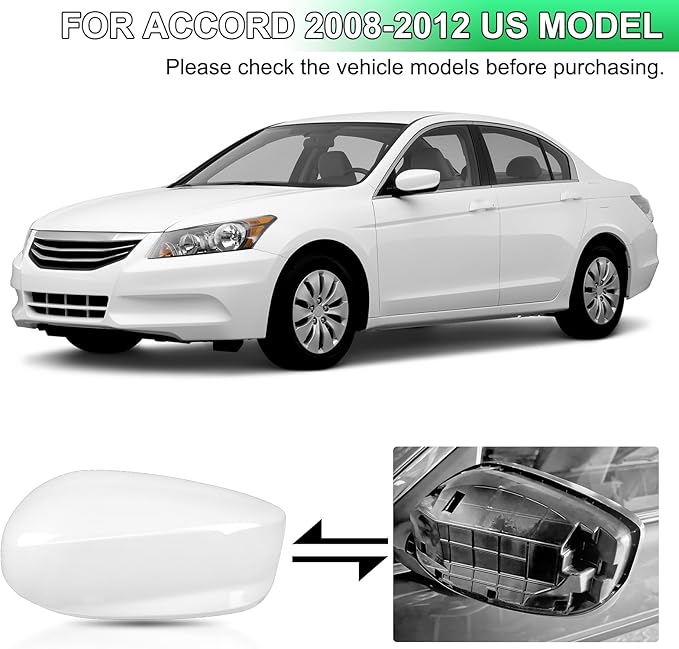 White Driver Side Mirror Cover Rear View Mirror Cap Compatible with 8th Gen Accord Sedan 2008 2009 2010 2011 2012