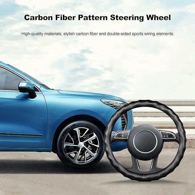 Ergocar Carbon Fiber Material Steering Wheel Cover Anti-Slip Breathable Sweat Absorbent Fashionable Sport Steering Wheel Sleeve for The Round Shape 15"（37.5-38cm）-Black Ripple