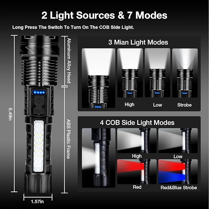 Rechargeable Flashlight 980,000L High Lumens 2 Pack, Led Tactical Flash Light, Super Bright Flashlights with 7 Modes, USB C C