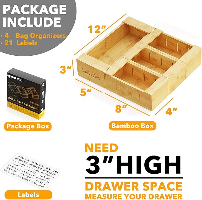 SpaceAid Bag Storage Organizer for Kitchen Drawer, Bamboo Organizer, (4 Pack) SpaceAid Bamboo Drawer Dividers with Inserts an