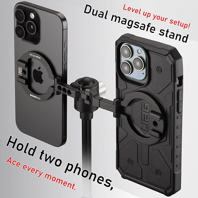 Dual Magnetic Ring Phone Mount - Foldable 360° Rotation CNC Aluminum Stand,1/4" Screw,Cold Shoe Interface, Hands-Free Holder for Live Streaming, Selfies & Multi-Device Use