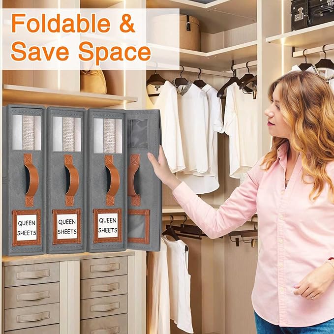 GhvyenntteS 6 Pack Bed Sheet Organizers and Storage, Sturdy Bed Sheet Organizer with Zipper and Handle, Foldable Linen Closet