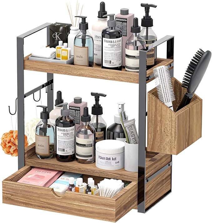 2-Tired Bathroom Counter Organizers and Storage, Bathroom Countertop Organizer with Drawer, Solid Wood Skincare Perfume Organ