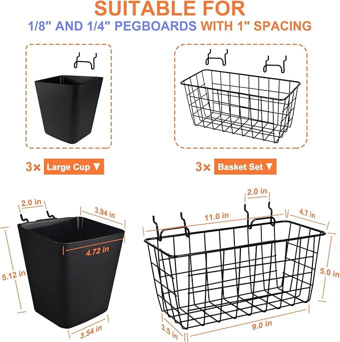 Pegboard Basket Organizers, Peg Board Large Baskets Hooks Bins Cups Tool Organizer 6 Pack Set, Wall Storage Display Hanging A