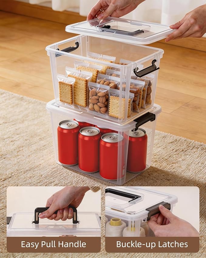 Citylife 6 Packs 6 QT Plastic Storage Bins with Latching Lids Clear Storage Box with handle Stackable Storage Containers for 