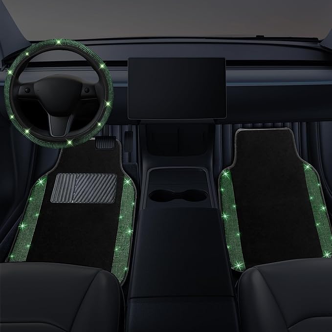 NBTEPEM Bling Car Floor Mats Full Set and Steering Wheel Cover, Universal Fit Most Cars, 4 pcs Sparkle Glitter Diamond Carpet, 5 pcs Bling Car Accessories Set for Women (Green Diamond)