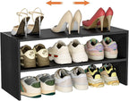 Black Shoe Rack Organizer for Closet, 2-Tier Expandable Shoe Shelf, Stackable Iron Wood Combination Small Shoe Racks Shelves 
