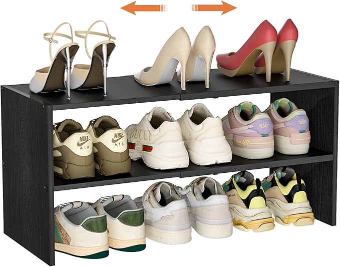 Black Shoe Rack Organizer for Closet, 2-Tier Expandable Shoe Shelf, Stackable Iron Wood Combination Small Shoe Racks Shelves 