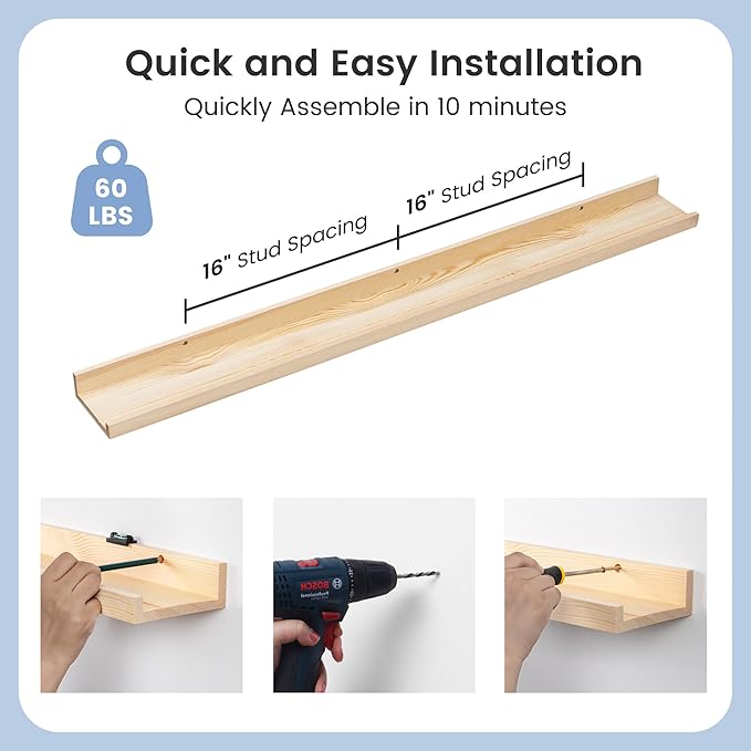 Picture Ledge Shelf for Wall, 48 inch Solid Pine Wood Nursery Book Shelves 2 Packs, Floating Ledge Shelves for Kids' Room Bed