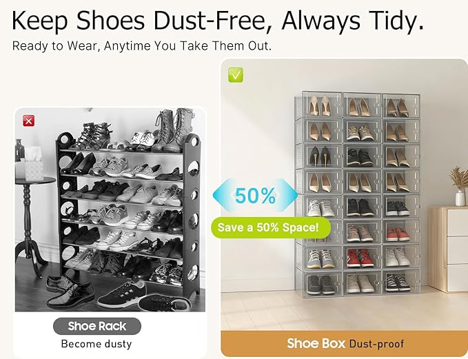 Kuject XX-Large Shoe Storage Boxes Organizers Clear Plastic Stackable 12 Pack, Shoe Rack & Holder Substitute, Sneaker Contain