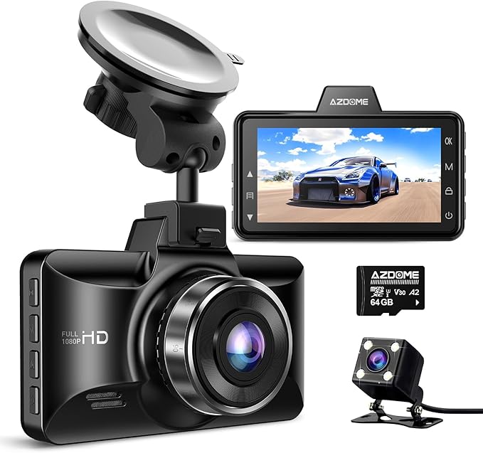AZDOME M01 Dual Dash Cam Front and Rear with Free 64GB Card, 3" Screen Dual Dashboard Camera for Car, Built-in ADAS G-Sensor,