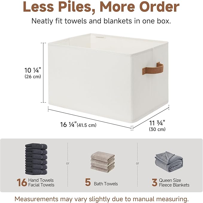 StorageWorks Foldable Storage Bins with PU Handles, Closet Storage Baskets, Fabric Bins for Clothes Storage, Ivory White, 3-P