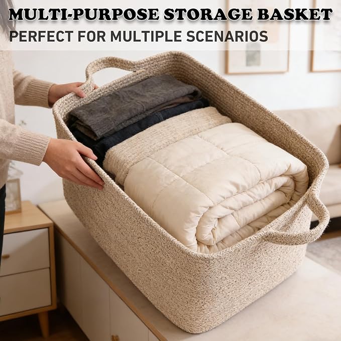96L Large Blanket Basket,24"x16"x15"Rectangle Storage Bin with Handles,Woven Rope Laundry Basket for Toys, Clothes,Magazines,