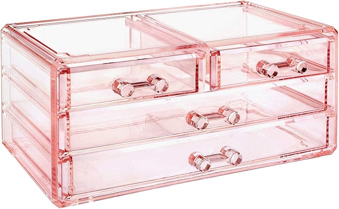 Ikee Design Pink Jewelry & Cosmetic Storage Display Boxes Two Pieces Set, Pink Cosmetic Jewelry Organizer Makeup Holder, Orga