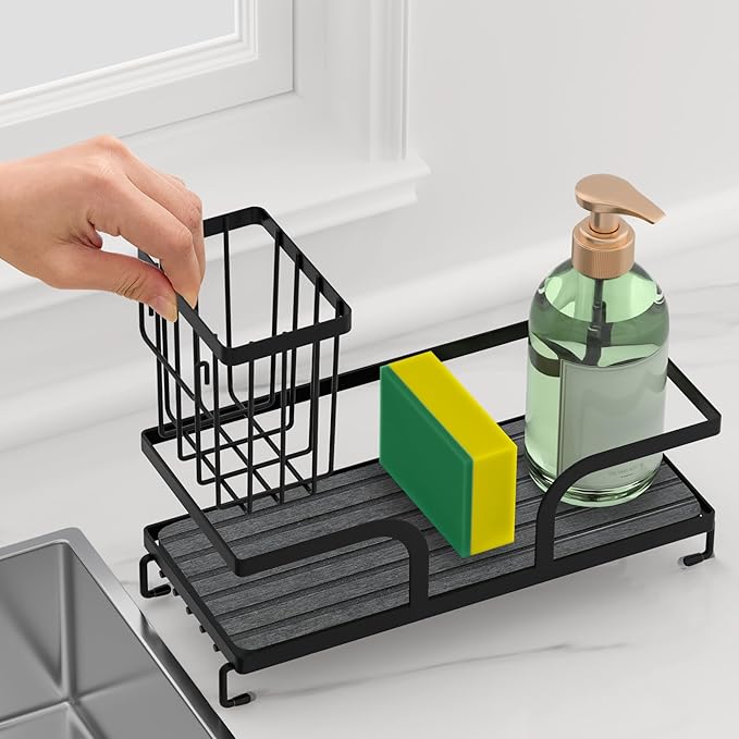 Sponge Holder for Kitchen Sink Caddy,Sink Caddy Organizers with Stone Drying Tray, Kitchen Organizer for Sponges, Soap, 9.7" 