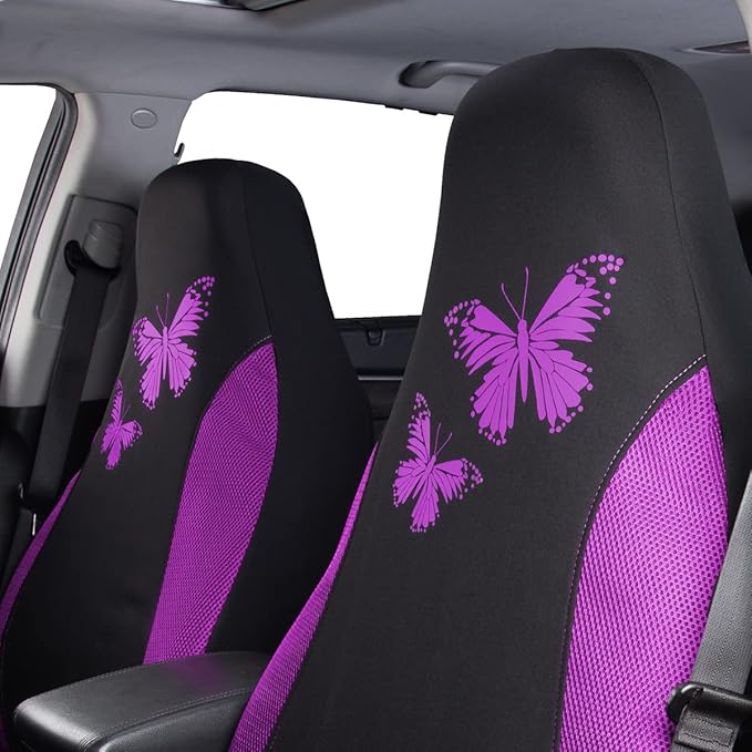 Flying Banner Butterfly car seat Covers ful Set Fashion Universal Lady Woman Female Rear Bench Split Colorized (2 Fronts, Pur