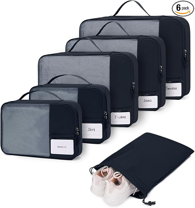 ECOHUB 6 Set Packing Cubes for Travel Durable Suitcase Organizer Bags Set with Personalized Tag Travel Essentials with Shoe B